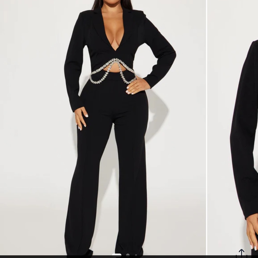 Fashion Nova Black Jumpsuit with Tailored Long Sleeves and Flared Pants